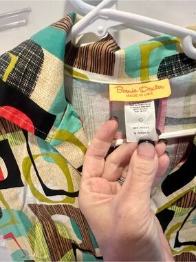 Bernie Dexter Colorful Geometric Print Dress Tan, Lime, Black, Red, Brown